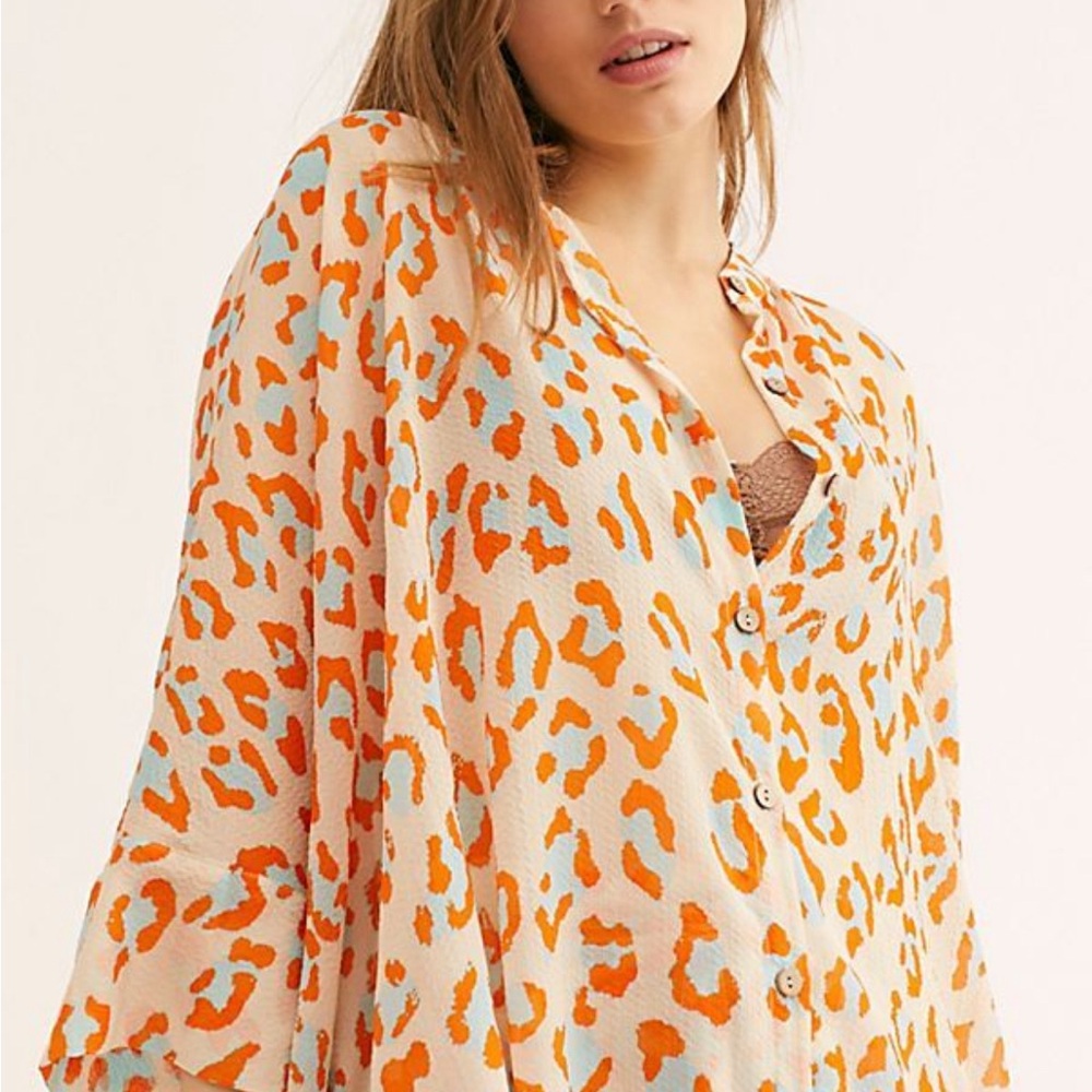 Free People Leopard Print Wake Up Shirt Orange and Blue Size M